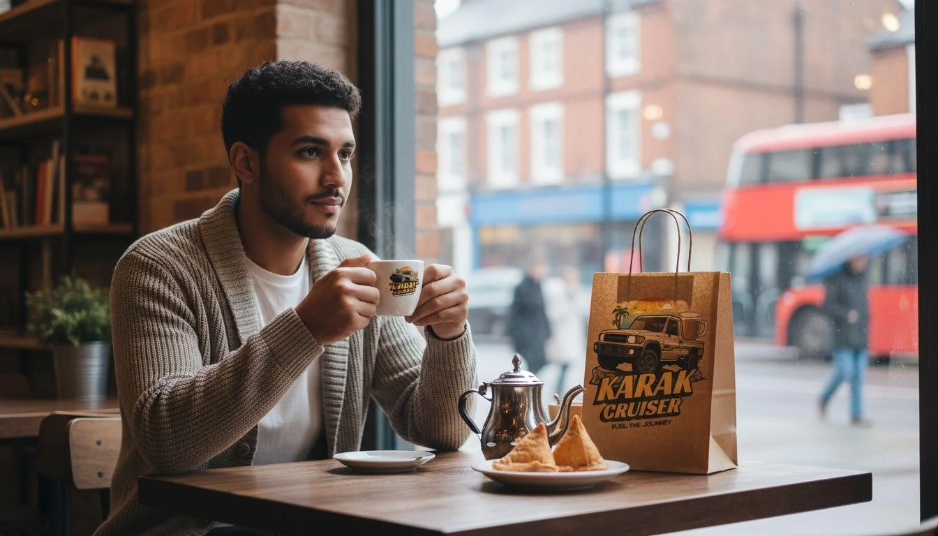 Karak Cruiser brand concept of a guest enjoying a warm drink beside a British street-facing café window